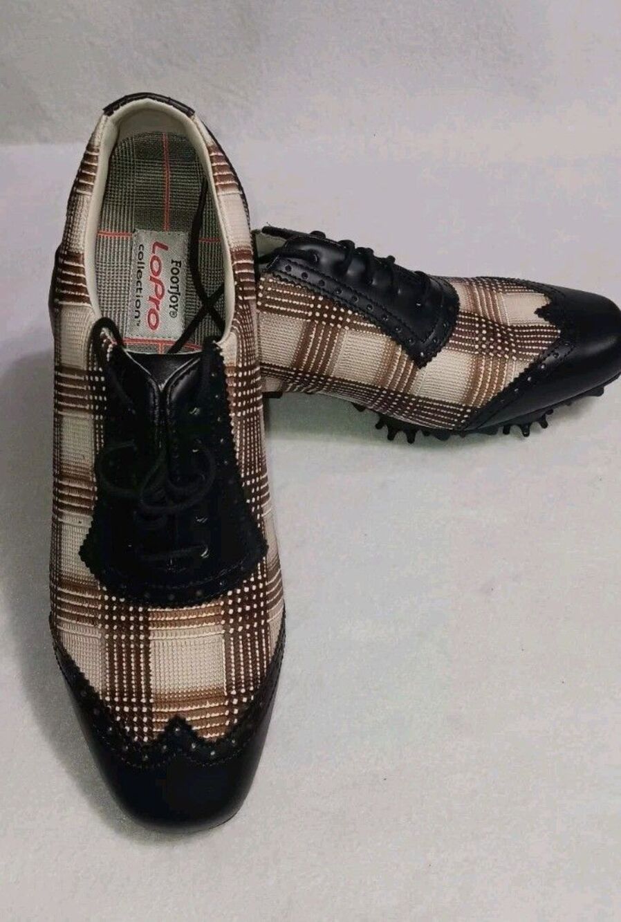 NWOT! Footjoy Lopro Golfing Shoes With Spikes Womens Siz 8 1/2 Brown Plaid...
